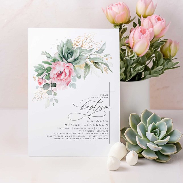 Succulents Greenery Pink Flowers Gold Baptism Invitation (Pink Floral Succulents Greenery Baptism Invitations)