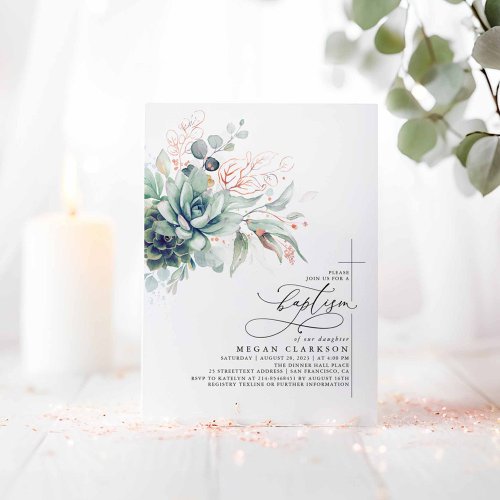 Succulents Greenery Pink Gold Leaves Baptism Invitation