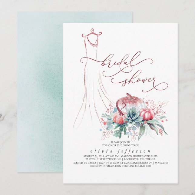 Succulents Greenery Pumpkins Dress Bridal Shower I Invitation (Front/Back)