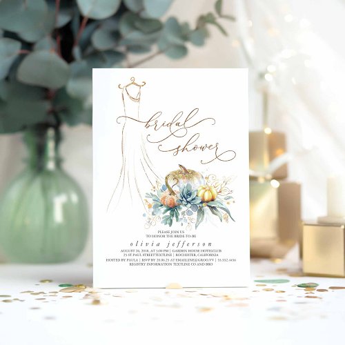 Succulents Greenery Pumpkins Dress Bridal Shower Invitation