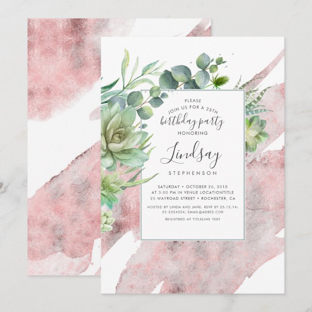 Succulents Greenery Rose Gold Foil Birthday Invitation (Front/Back)