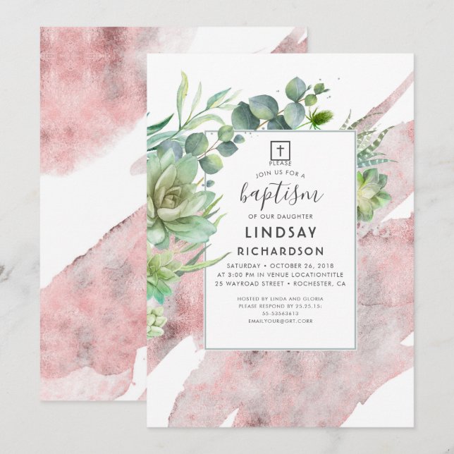 Succulents Greenery Rose Gold Glitter Baptism Invitation (Front/Back)