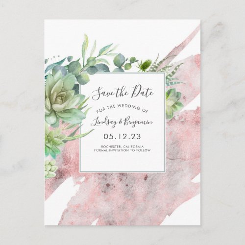 Succulents Greenery Rose Gold Save the Date Announcement Postcard