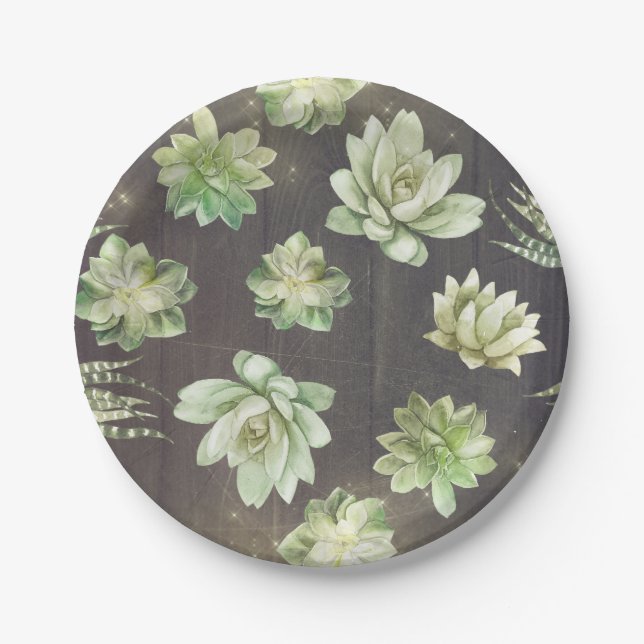 Succulents Greenery Rustic Wood Wedding Paper Plates (Front)