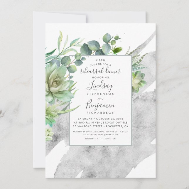 Succulents Greenery Silver Foil Rehearsal Dinner Invitation (Front)