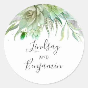 Succulents Greenery Silver Foil Wedding Classic Round Sticker