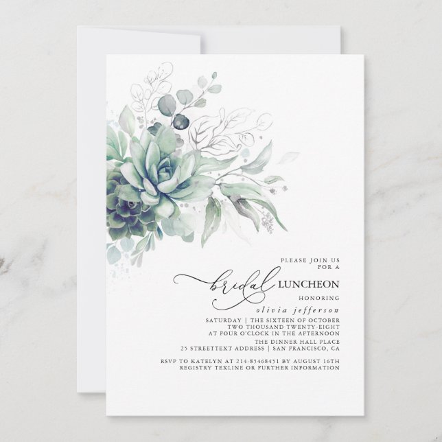 Succulents Greenery Silver Leaves Bridal Luncheon Invitation (Front)