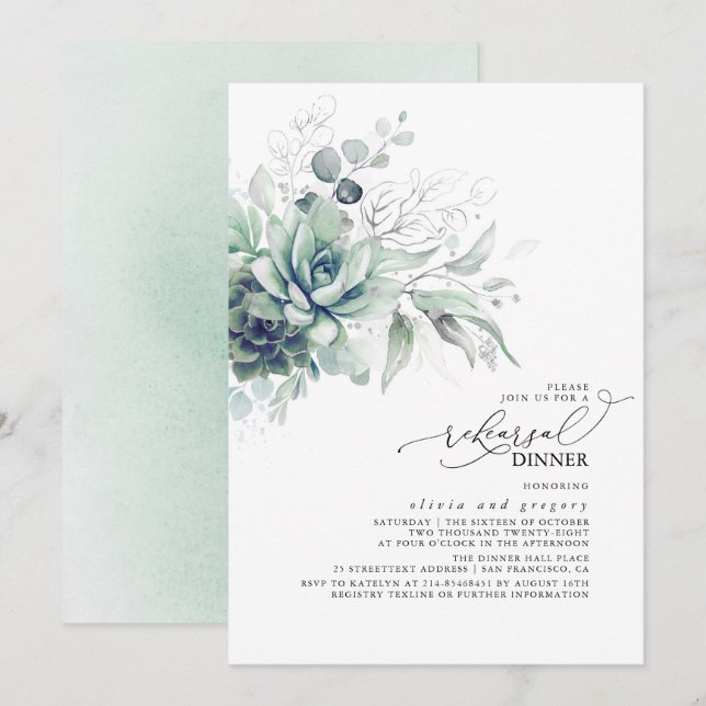 Succulents Greenery Silver Leaves Rehearsal Dinner Invitation (Front/Back)