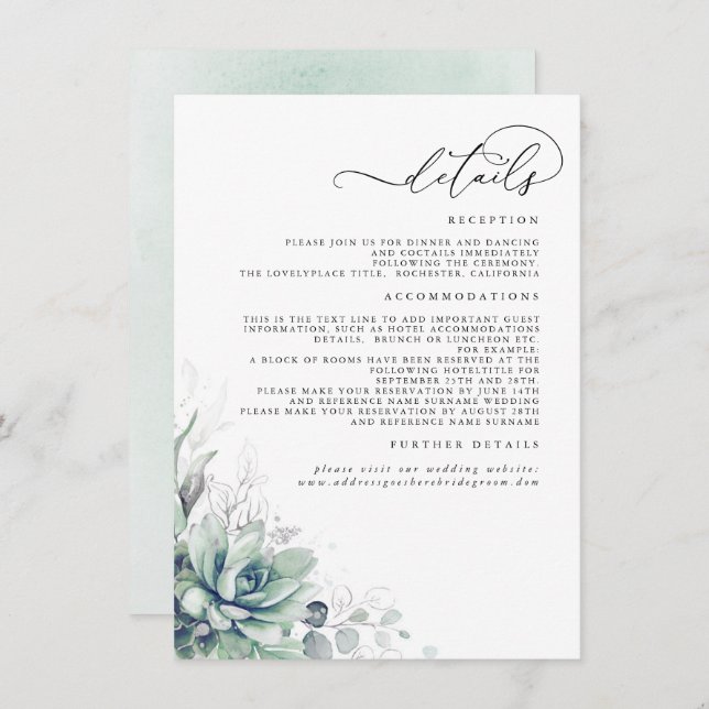 Succulents Greenery Silver Leaves Wedding Details Enclosure Card (Front/Back)