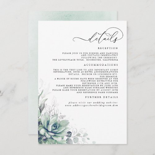 Succulents Greenery Silver Leaves Wedding Details Enclosure Card