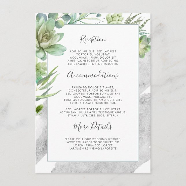 Succulents Greenery Silver Wedding Information Enclosure Card (Front)