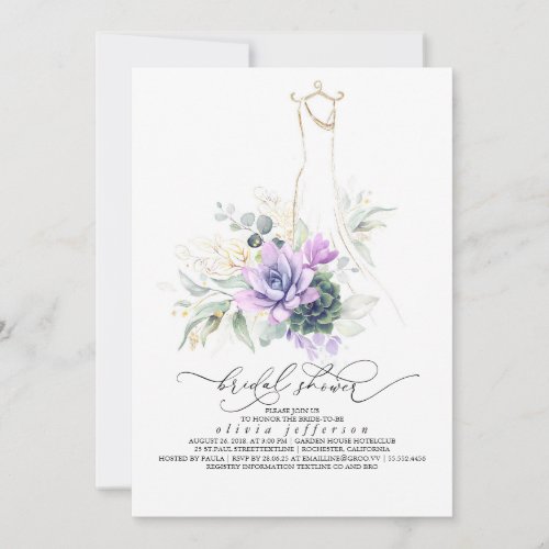 Succulents Greenery Wedding Dress Bridal Shower In Invitation