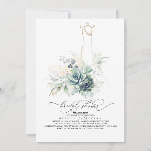 Succulents Greenery Wedding Dress Bridal Shower Invitation