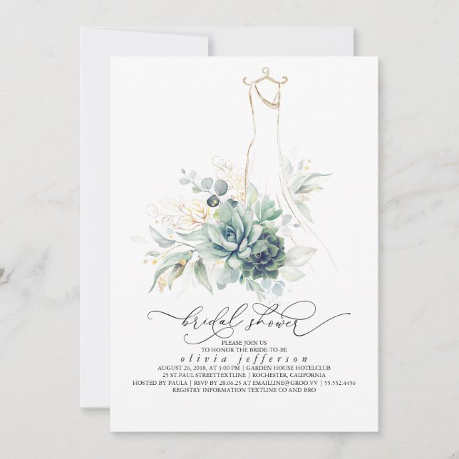 Succulents Greenery Wedding Dress Bridal Shower Invitation (Front)