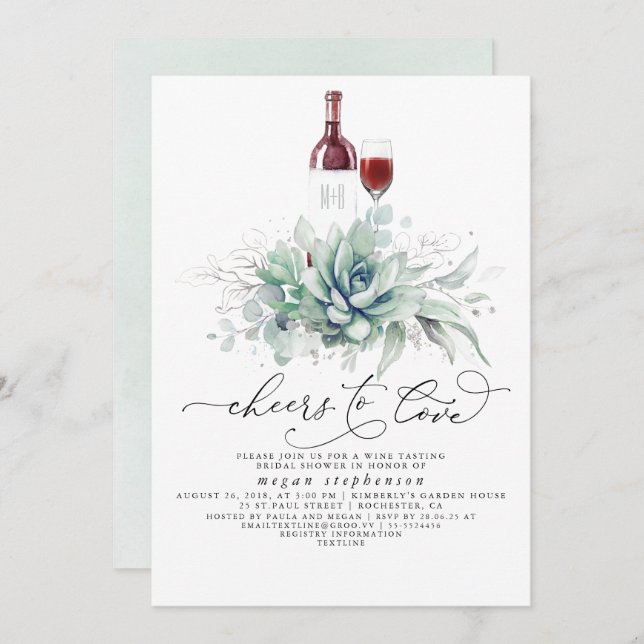 Succulents Greenery Wine Tasting Bridal Shower Inv Invitation (Front/Back)