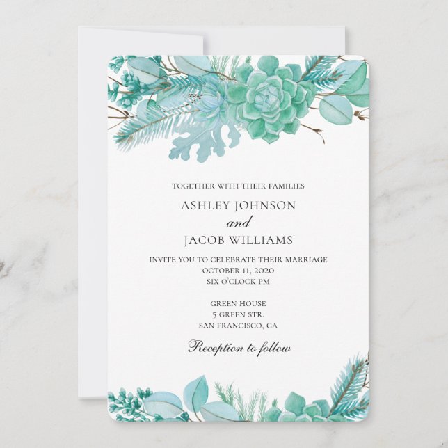 Succulents invitation. Mint wedding cactus. Floral Invitation (Front)