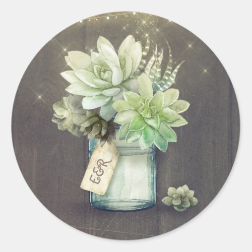 Succulents Mason Jar Rustic Wedding Initials Classic Round Sticker