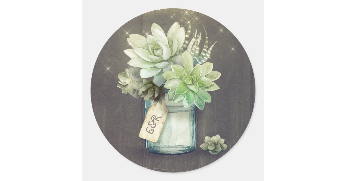 Succulents Mason Jar Rustic Wedding Initials Classic Round Sticker | Zazzle