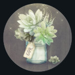 Succulents Mason Jar Rustic Wedding Initials Classic Round Sticker<br><div class="desc">Greenery - succulents and mason jar wedding seals</div>
