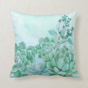 Succulents Mint Green Watercolor Throw Pillow