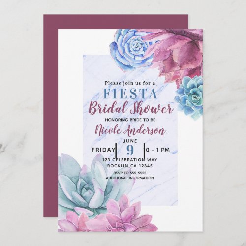 Succulents Modern Chic Marble Bridal Shower Fiesta Invitation
