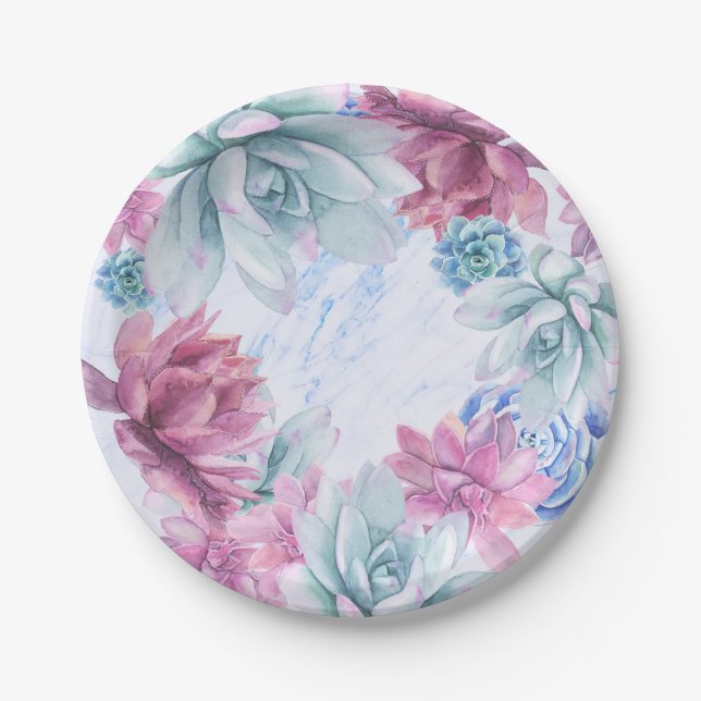 Succulents Modern Chic Marble Bridal Shower Fiesta Paper Plates (Front)