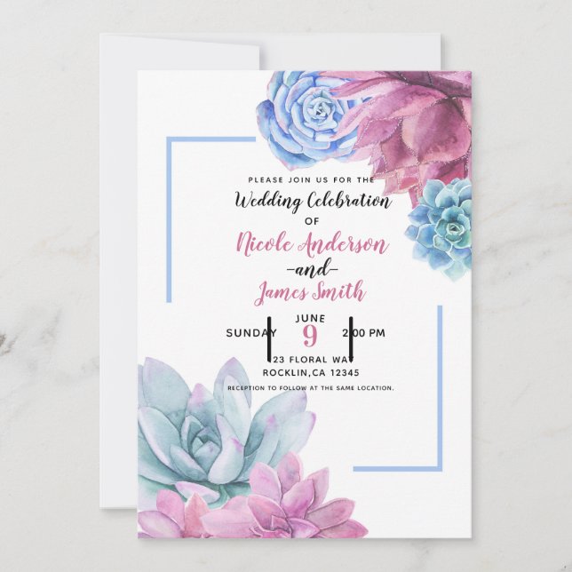 Succulents Modern Chic Watercolor Wedding Fiesta Invitation (Front)