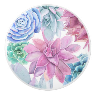 Succulents Modern Chic White Fiesta Garden Floral Ceramic Knob