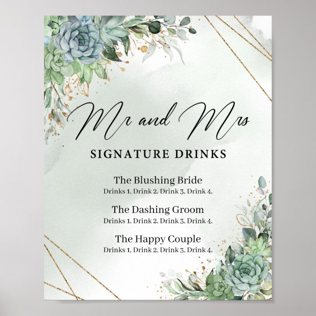 Succulents Mr and Mrs signature drinks sign (Front)