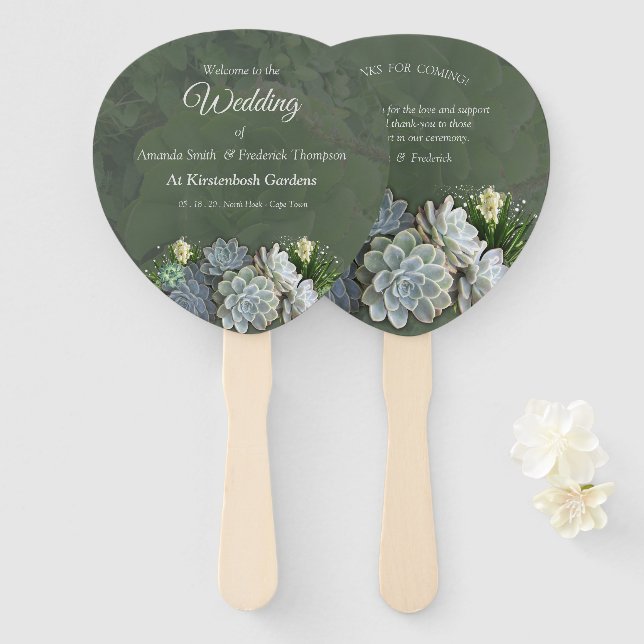 Succulents of Hues Pale Blues Hand Fan (Front and Back)