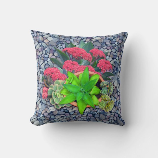 Succulents on a riverbed throw pillow (Front)