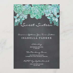 Succulents on Chalkboard Sweet Sixteen Party Invitation