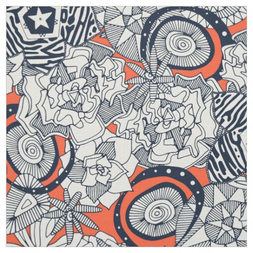 succulents orange indigo fabric