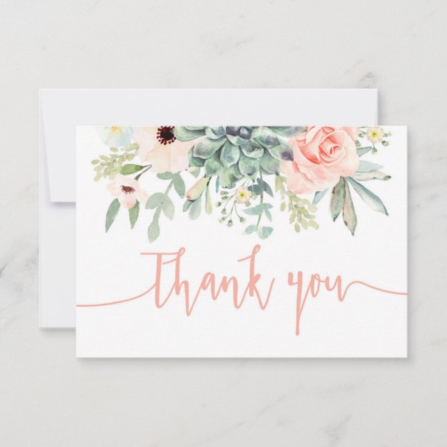 Succulents, peach coral thank you note card (Front)