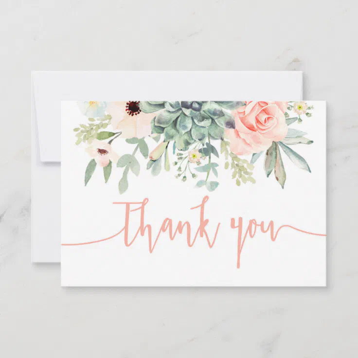 Succulents, peach coral thank you note card | Zazzle