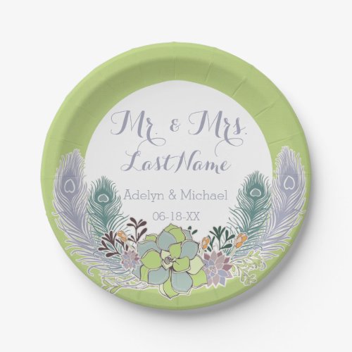 Succulents Peacock Feathers Wedding Paper Plates