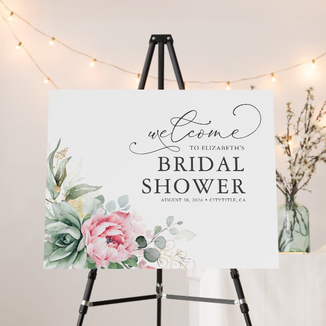 Succulents Pink Floral Bridal Shower Welcome Foam Board (In Situ (Stand))