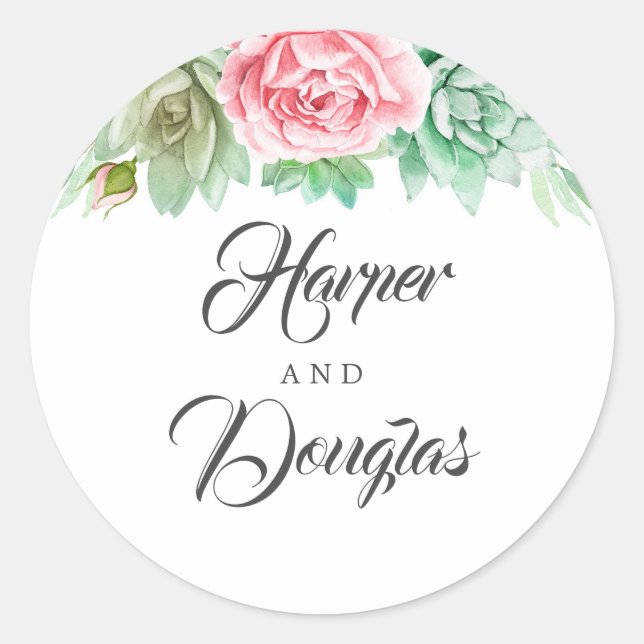 Succulents Pink Wedding Floral Classic Round Sticker (Front)