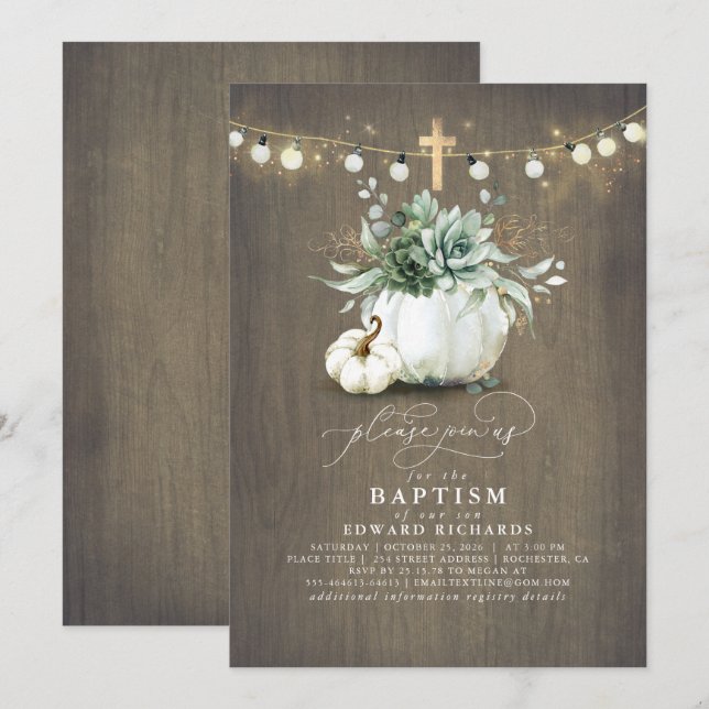 Succulents Pumpkins Gold Cross Fall Baptism Invitation (Front/Back)