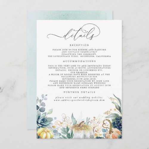 Succulents Pumpkins Gold Leaves Wedding Details En Enclosure Card