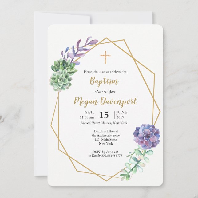Succulents Purple Baptism Religious event Invitation (Front)