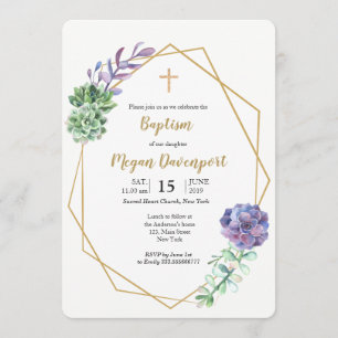 Succulents Purple Baptism Religious event Invitation