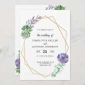 Succulents purple wedding invitation gold elegant (Front/Back)