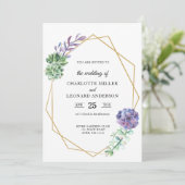 Succulents purple wedding invitation gold elegant (Standing Front)