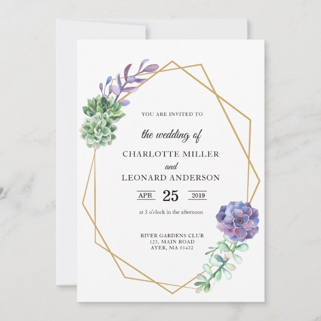Succulents purple wedding invitation gold elegant (Front)