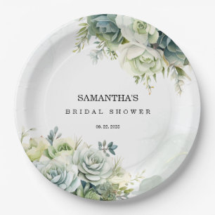 Succulents, roses and greenery Bridal Shower Paper Plates