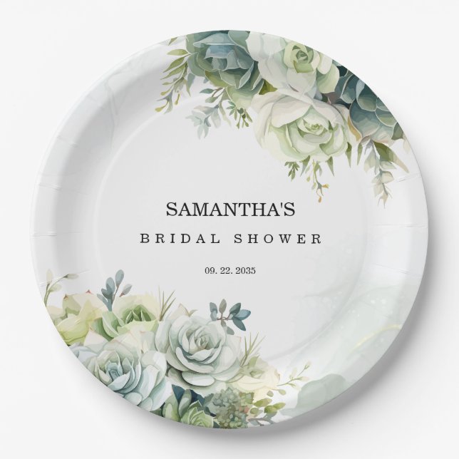 Succulents, roses and greenery Bridal Shower Paper Plates (Front)