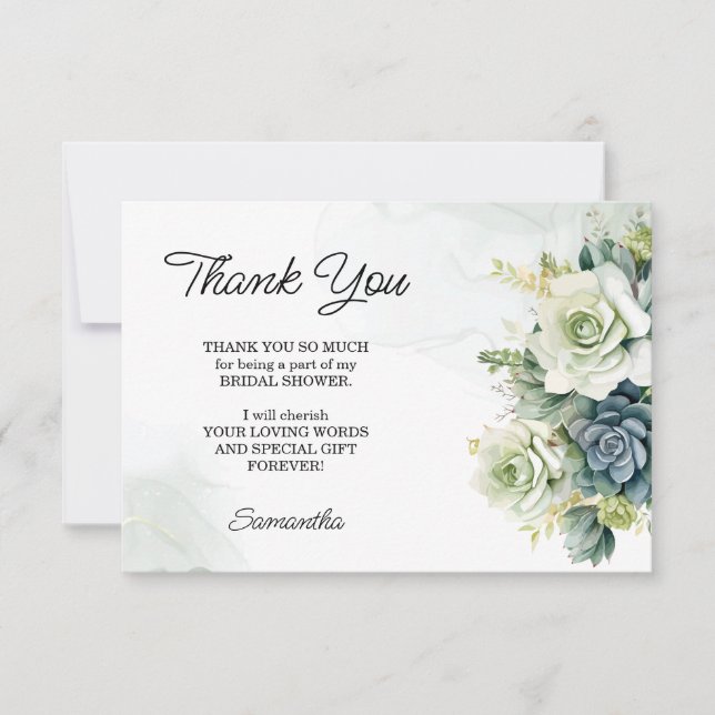 Succulents, roses and greenery Bridal Shower Thank You Card (Front)
