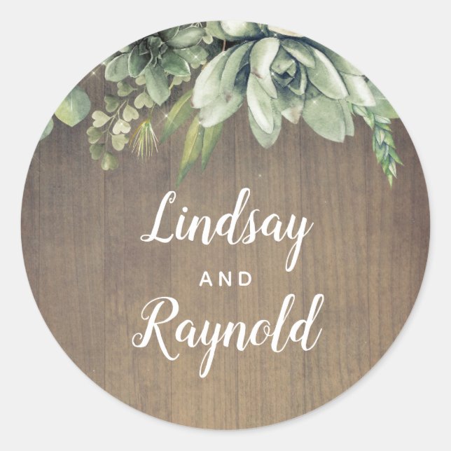 Succulents Rustic Country Wedding Classic Round Sticker (Front)