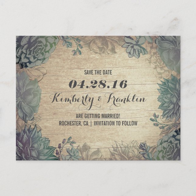 Succulents Rustic Floral Save the Date Announcement Postcard (Front)